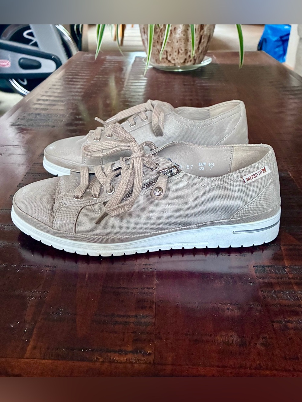 Mephisto June Air Relax Taupe Leather Handmade Sneakers with Side Zipper